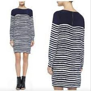 VINCE Silk Dress Navy Blue White Brushed Stripe with back zipper closure